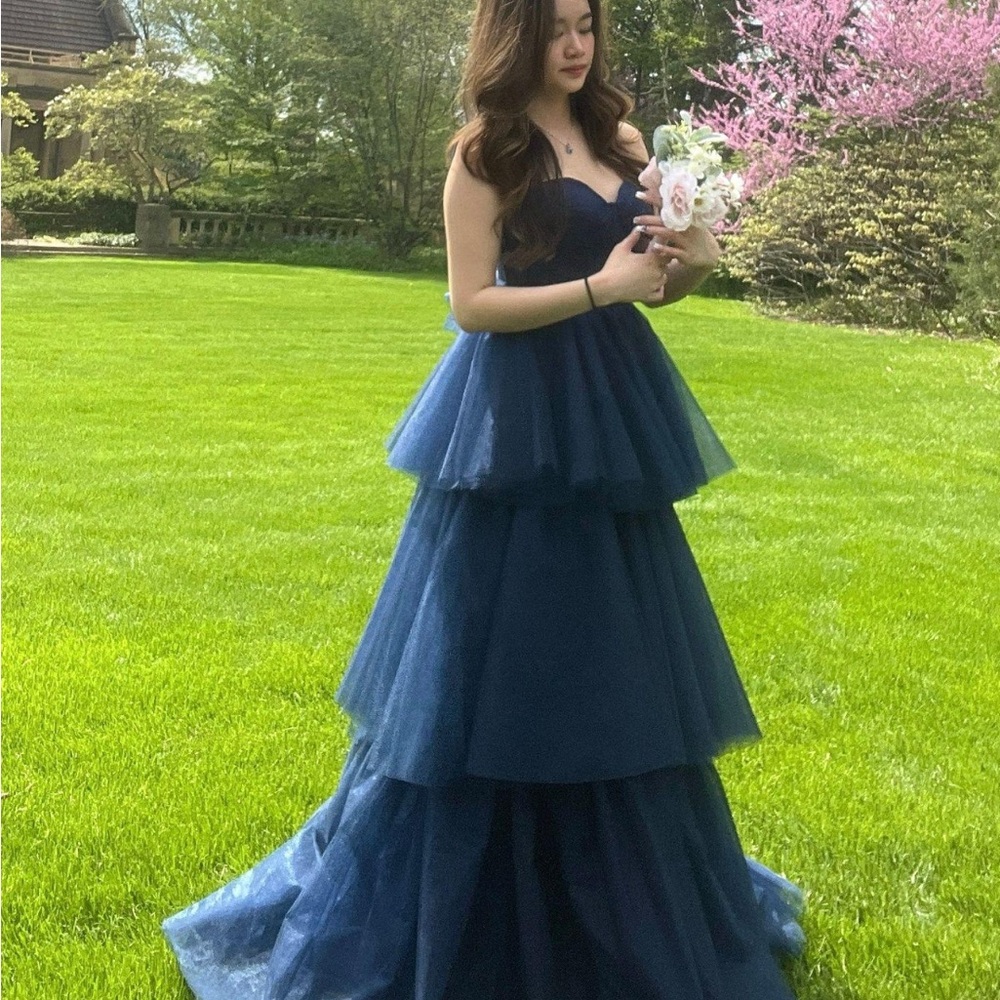 Elegant Navy Blue Layered Gown